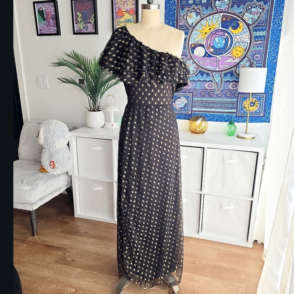ASOS John Zack Petite One Shoulder Ruffled Floor Length Gown Slit Gold Stars